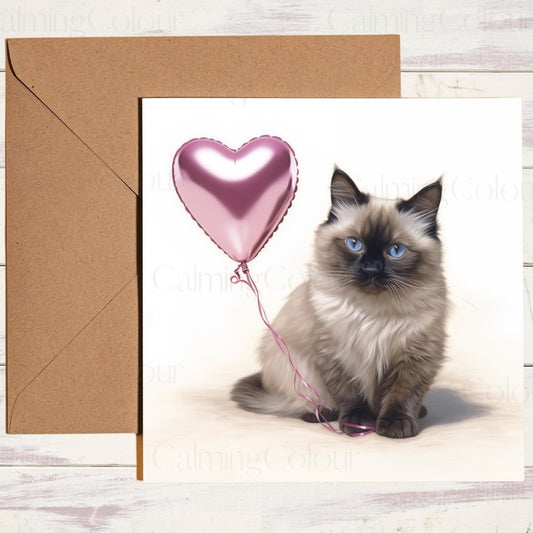 Ragdoll with Red Balloon | Valentine's Card | With Love | Calming Colour