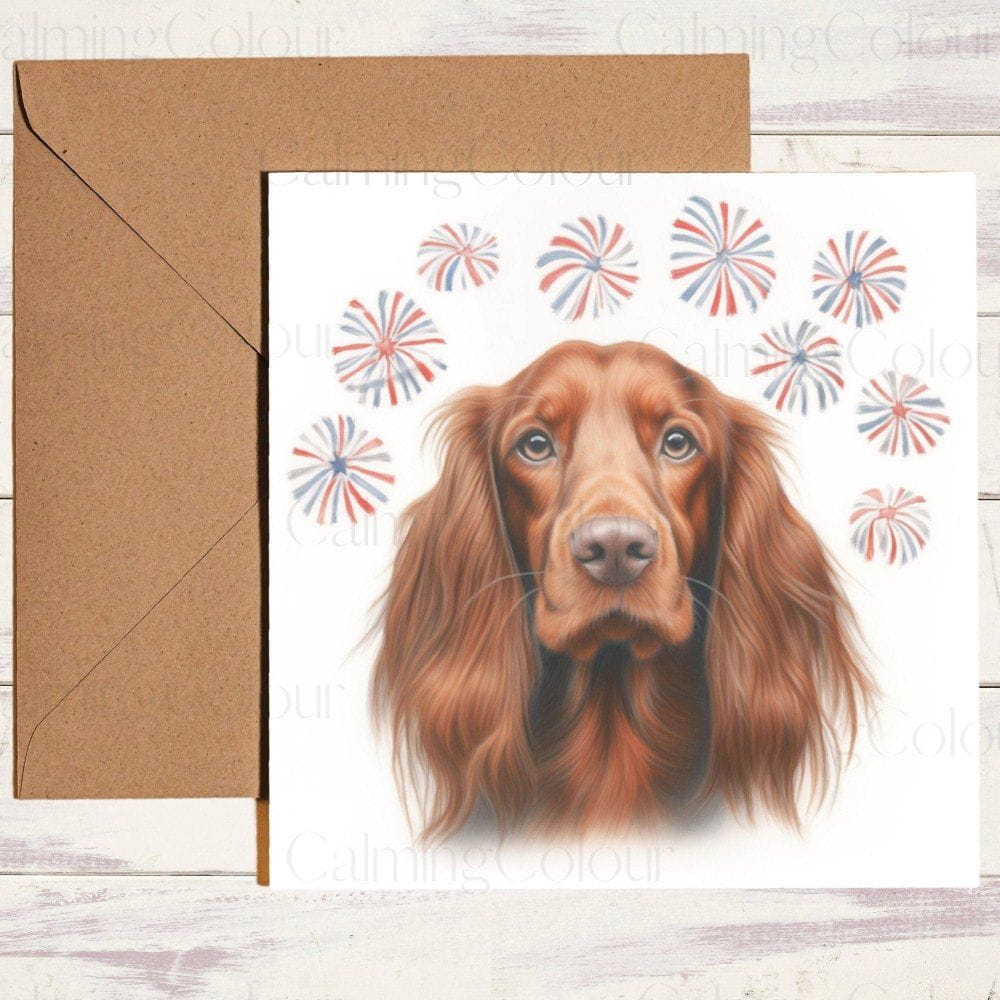 Red Setter in Front of Fireworks Display | Greeting Card | Calming Colour