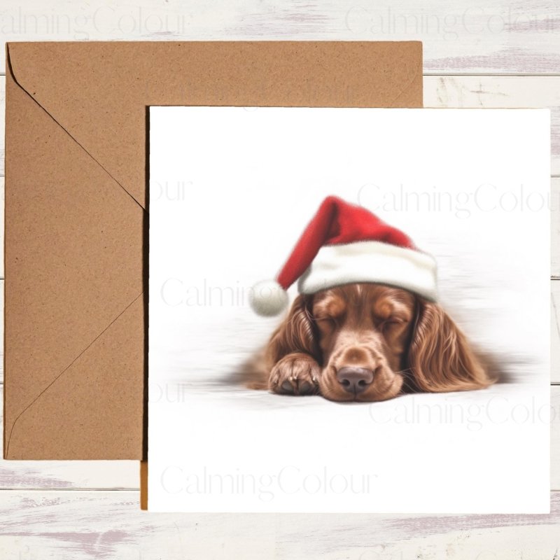 Red Setter Snoozing in Santa Hat | Christmas Card | Christmas Card
