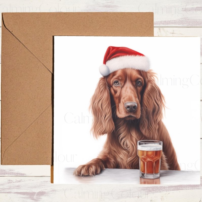 Red Setter with Santa Hat and Pint | Christmas Card | Christmas Card