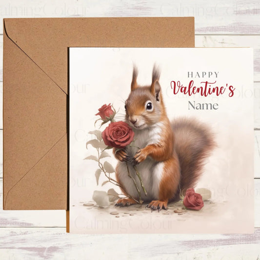 Red Squirrel with Red Rose | Valentine's Card | Valentine's Day