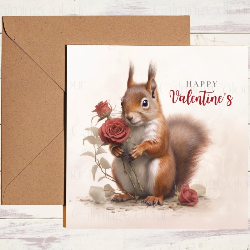 Red Squirrel with Red Rose | Valentine's Card | Valentine's Day