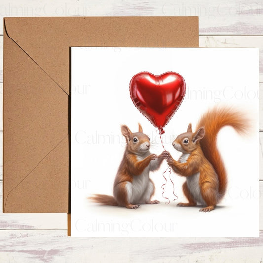 Red Squirrels with Red Balloon | Valentine's Card | Valentine's Day