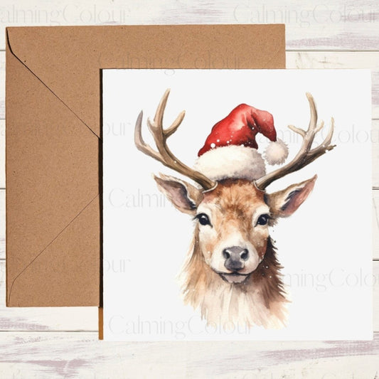 Reindeer wearing Red Santa Hat | Christmas Card | Christmas Card