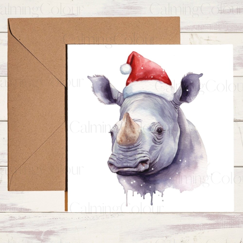 Rhinoceros wearing Red Santa Hat | Christmas Card | Calming Colour