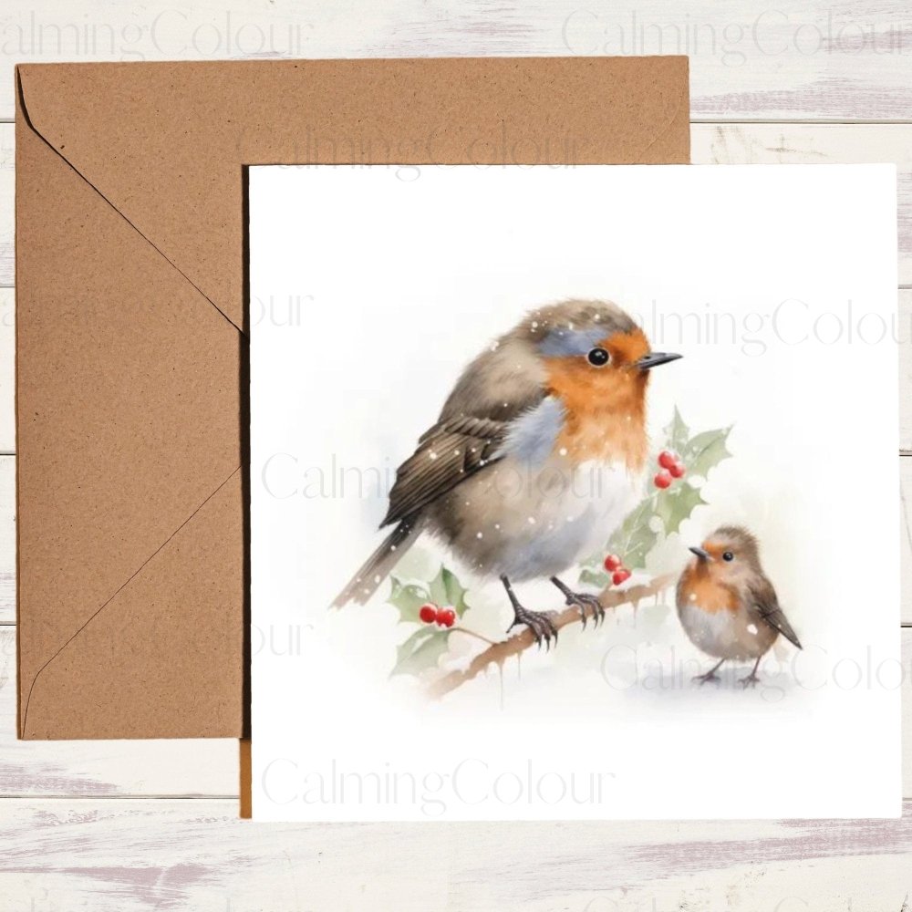 Robin Mother and Baby Robin | Christmas Card | Calming Colour