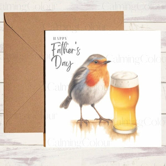 Robin with Pint Glass | Father's Day Card | Calming Colour