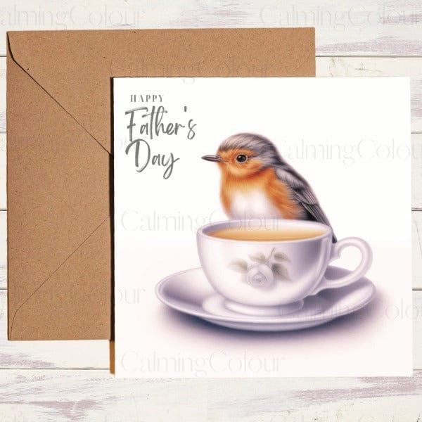 Robin with TeaCup | Father's Day Card | Calming Colour