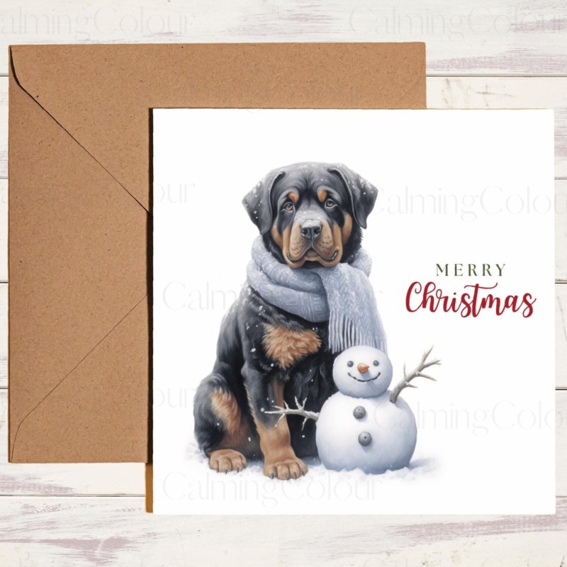 Rottweiler Beside Mini Snowman | Christmas Card | Christmas Card