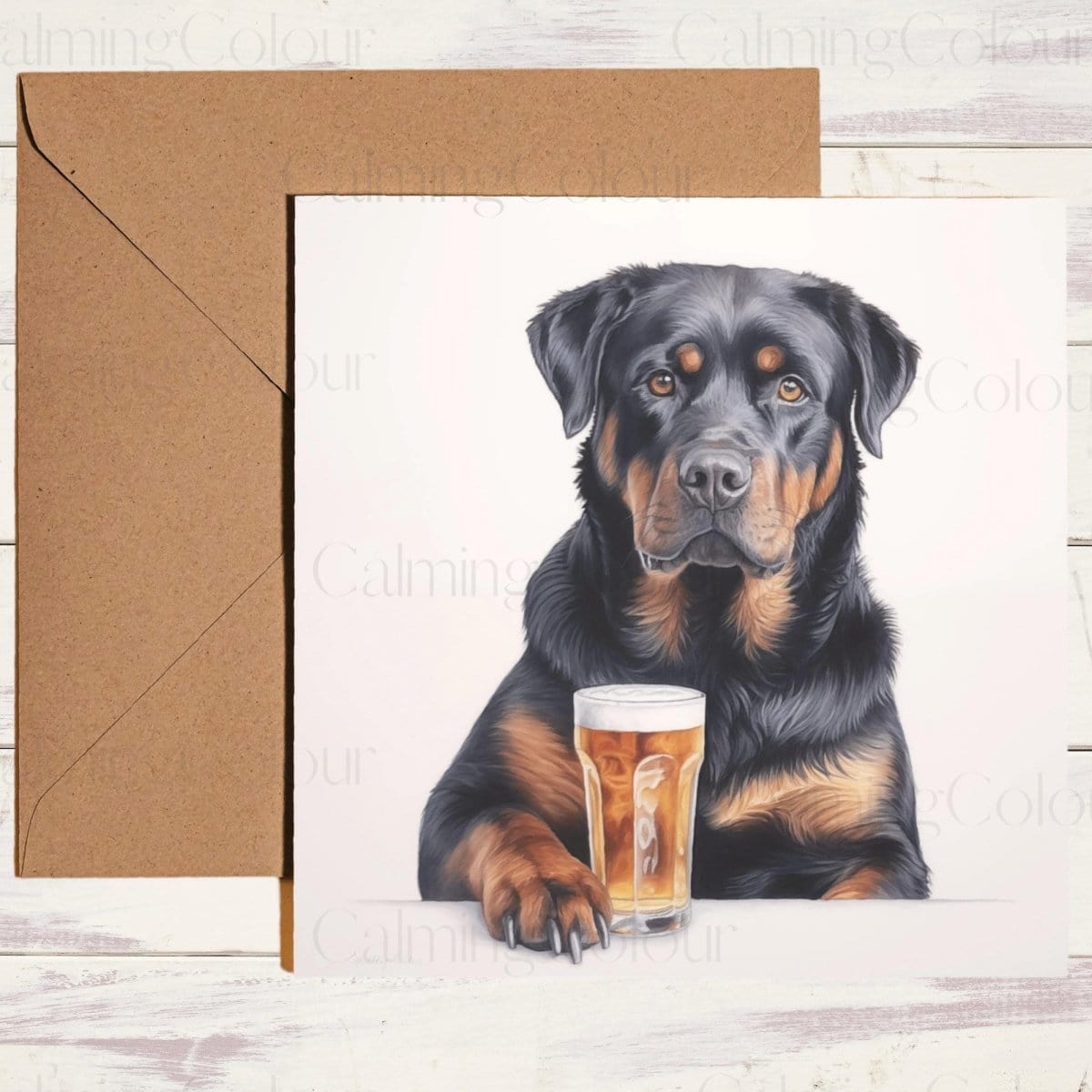 Rottweiler with a Pint Glass | Father's Day Card | Calming Colour