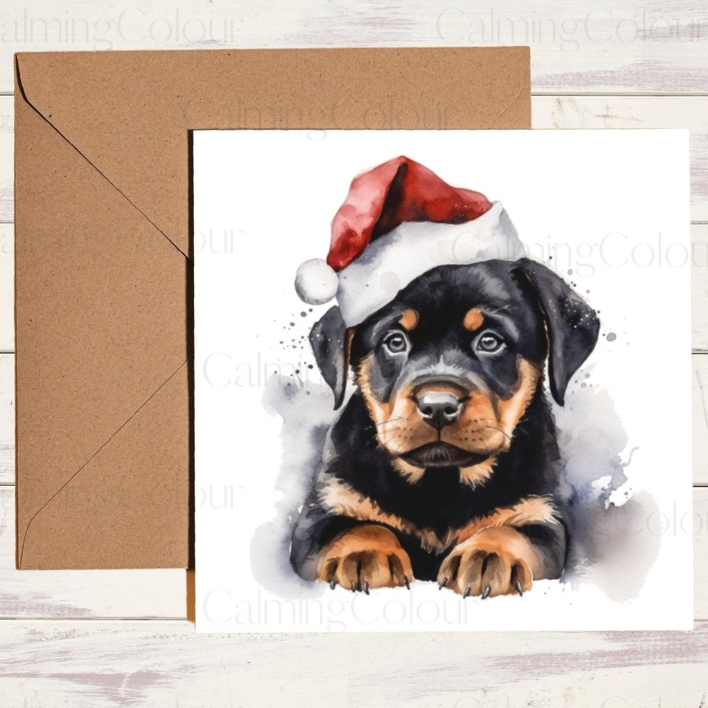 Rottweiler Puppy wearing Red Santa Hat | Christmas Card | Calming Colour