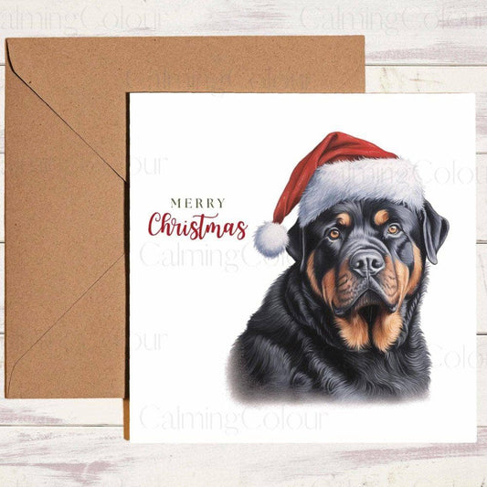 Rottweiler wearing Red Santa Hat | Christmas Card | Calming Colour