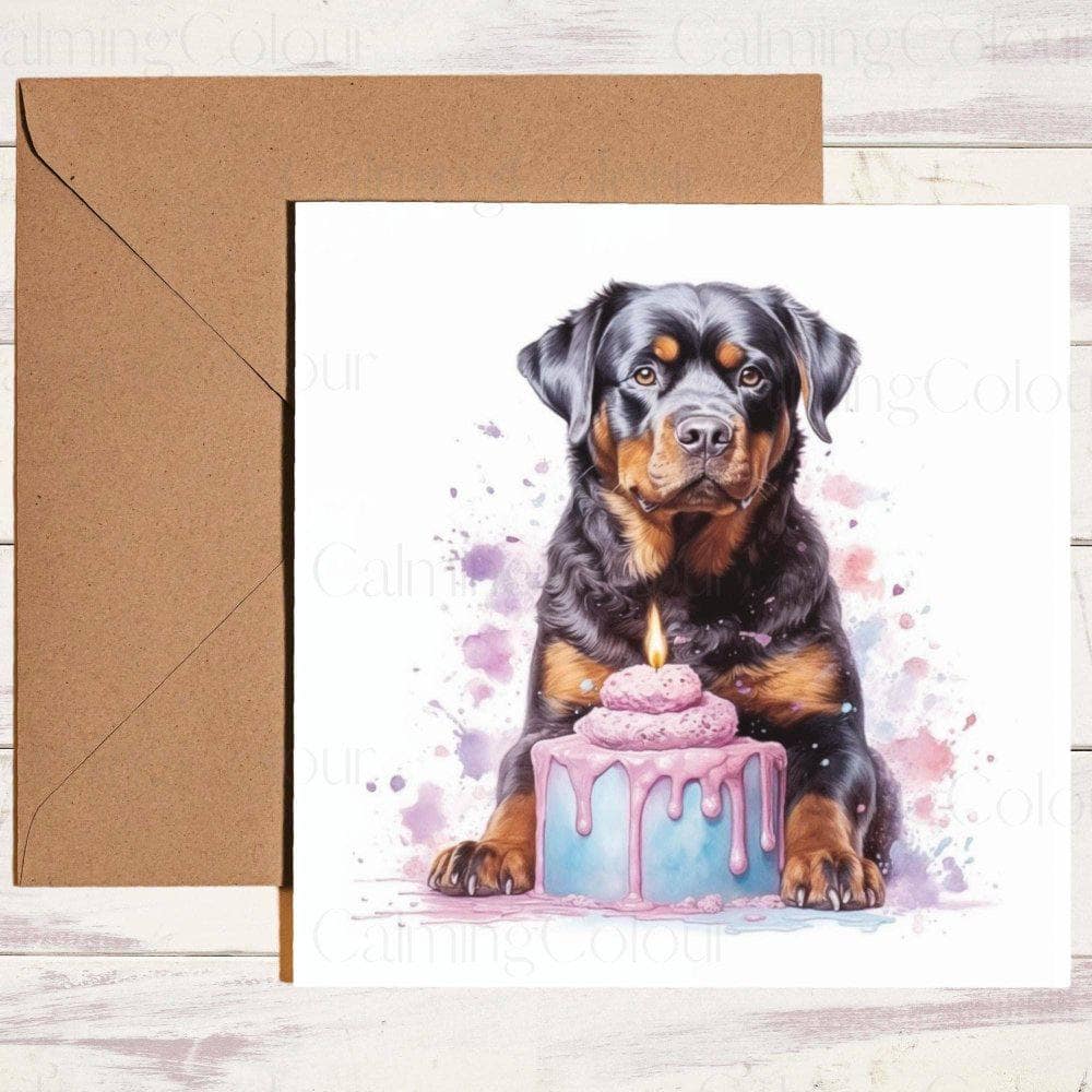 Rottweiler with a Birthday Cake | Birthday Card | Calming Colour