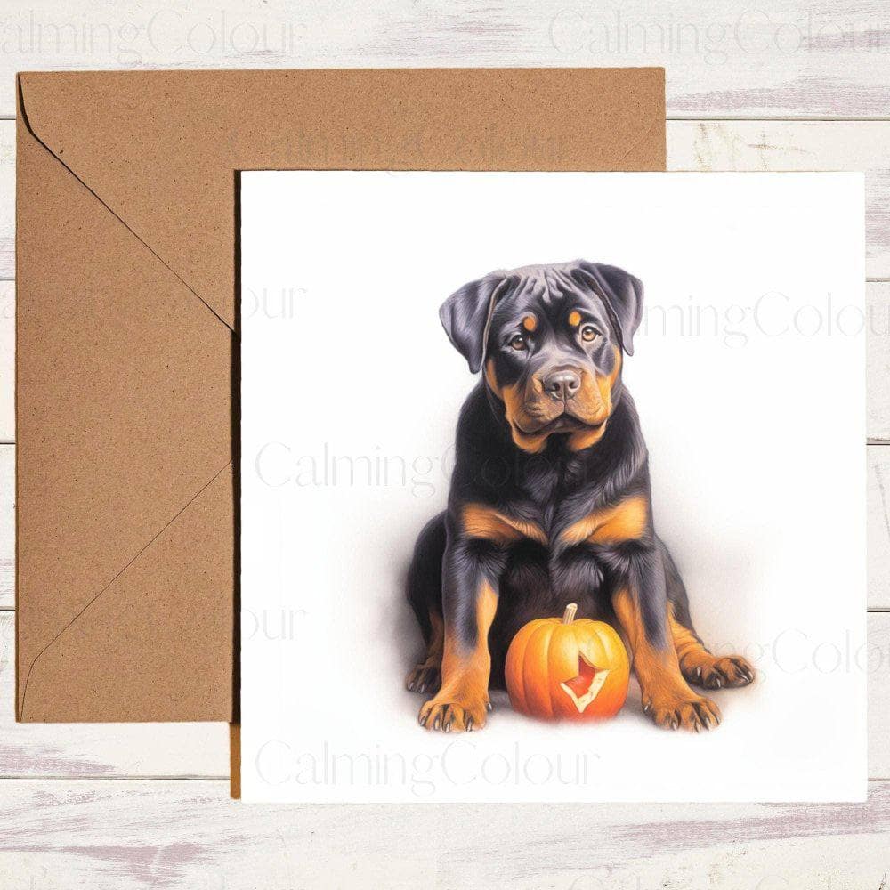 Rottweiler with a Pumpkin | Birthday Card | Halloween | Calming Colour