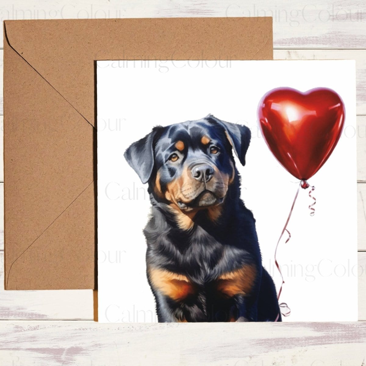 Rottweiler with Red Balloon | Greeting Card | Calming Colour