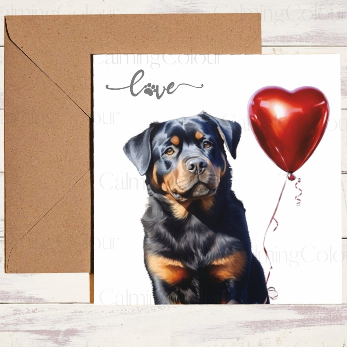 Rottweiler with Red Balloon | Greeting Card | Calming Colour