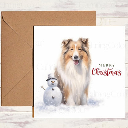 Rough Collie Beside Mini Snowman | Christmas Card | Christmas Card