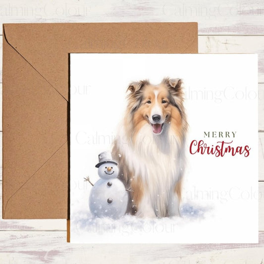 Rough Collie Beside Mini Snowman | Christmas Card | Christmas Card
