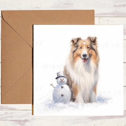 Rough Collie Beside Mini Snowman | Christmas Card | Christmas Card