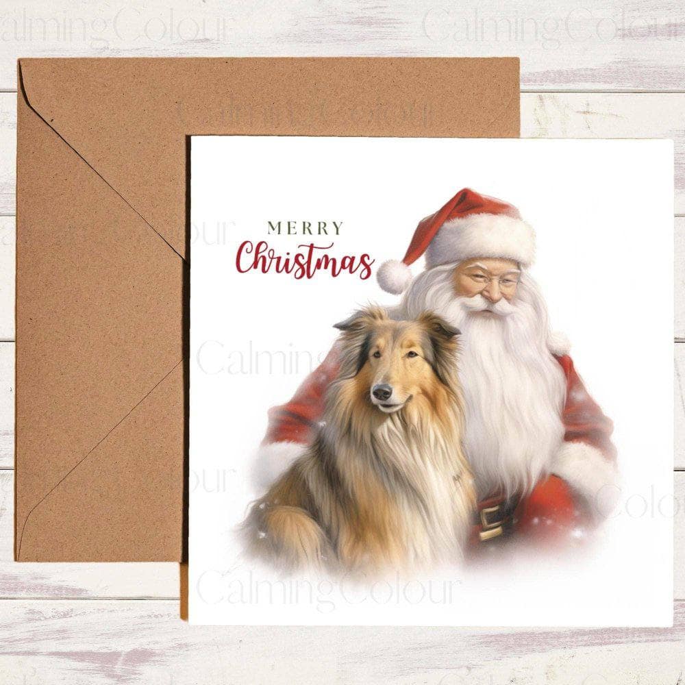 Rough Collie sitting with Santa | Christmas Card | Christmas Card