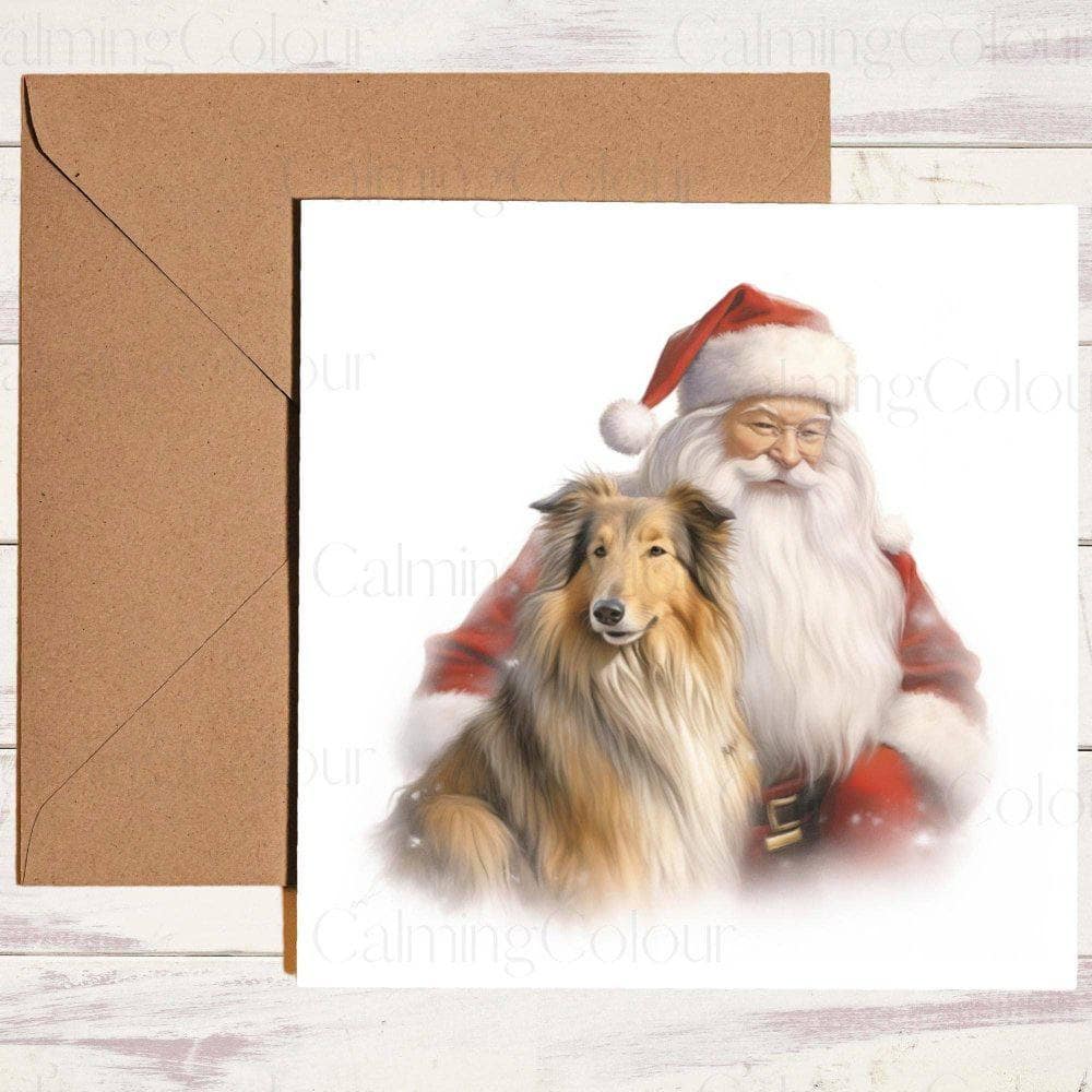 Rough Collie sitting with Santa | Christmas Card | Christmas Card