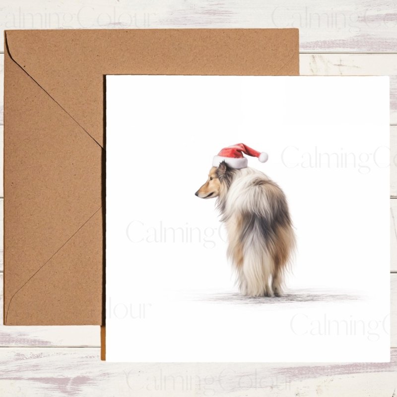 Rough Collie Wearing Red Santa Hat | Christmas Card | Christmas Card