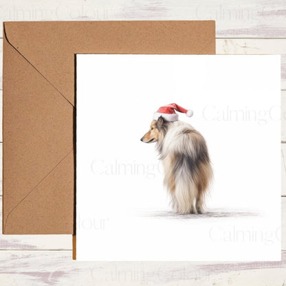 Rough Collie Wearing Red Santa Hat | Christmas Card | Christmas Card