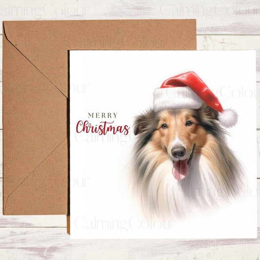 Rough Collie wearing Red Santa Hat | Christmas Card | Christmas Card