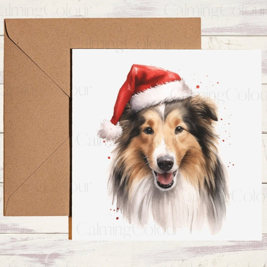 Rough Collie wearing Red Santa Hat | Christmas Card | Calming Colour