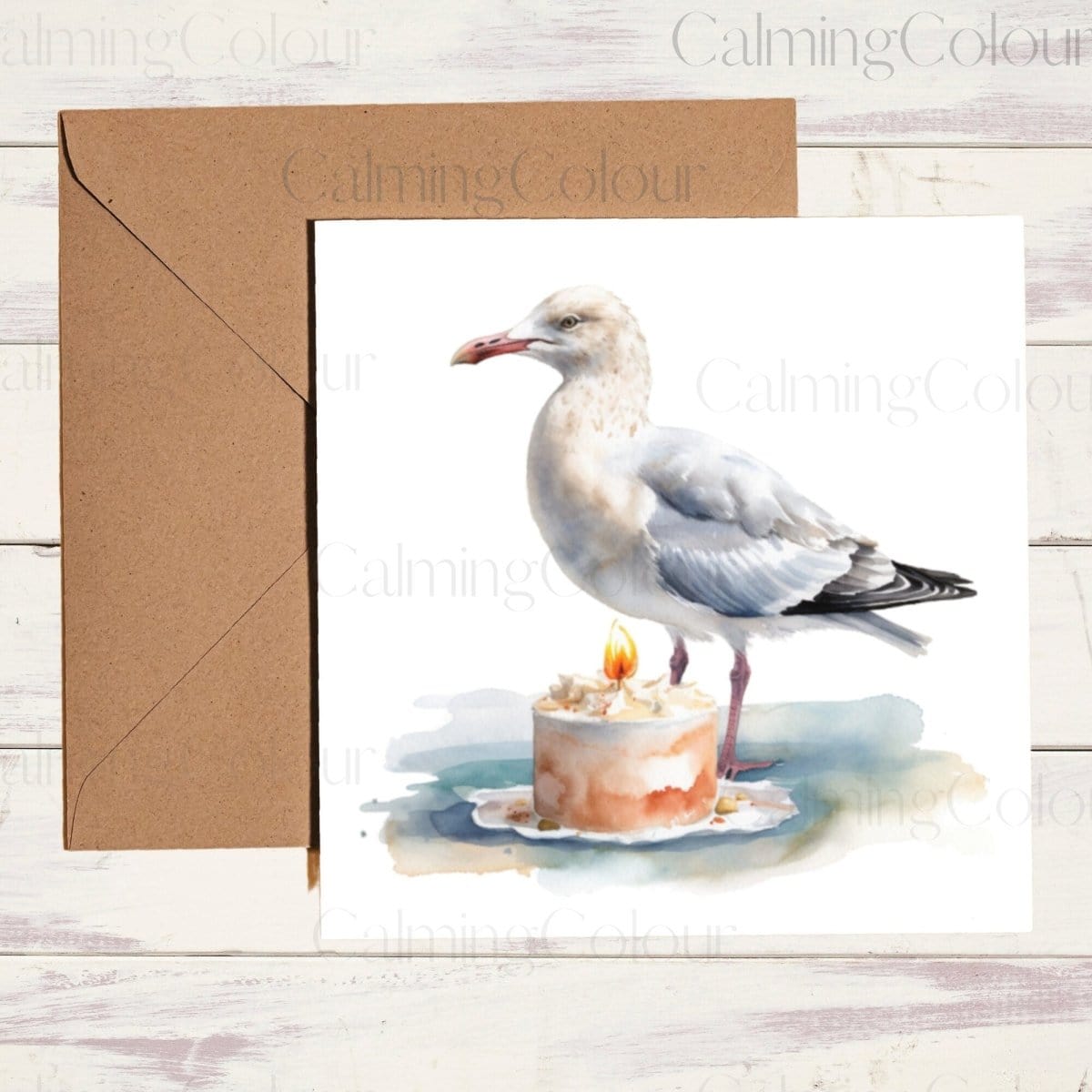 Seagull with Cake | Greeting Card | Single Card | Calming Colour