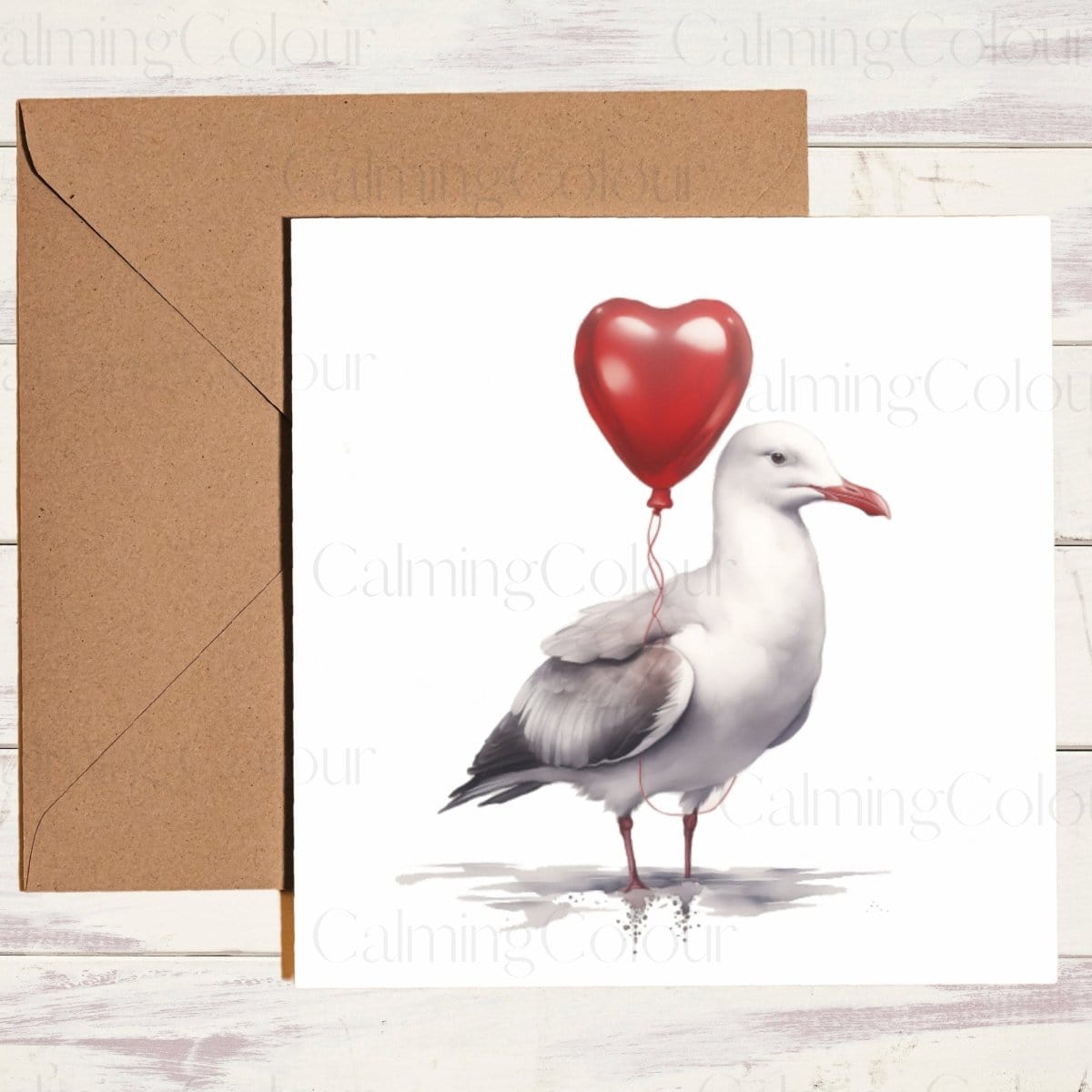 Seagull with Red Balloon | Greeting Card | Single Card | Calming Colour