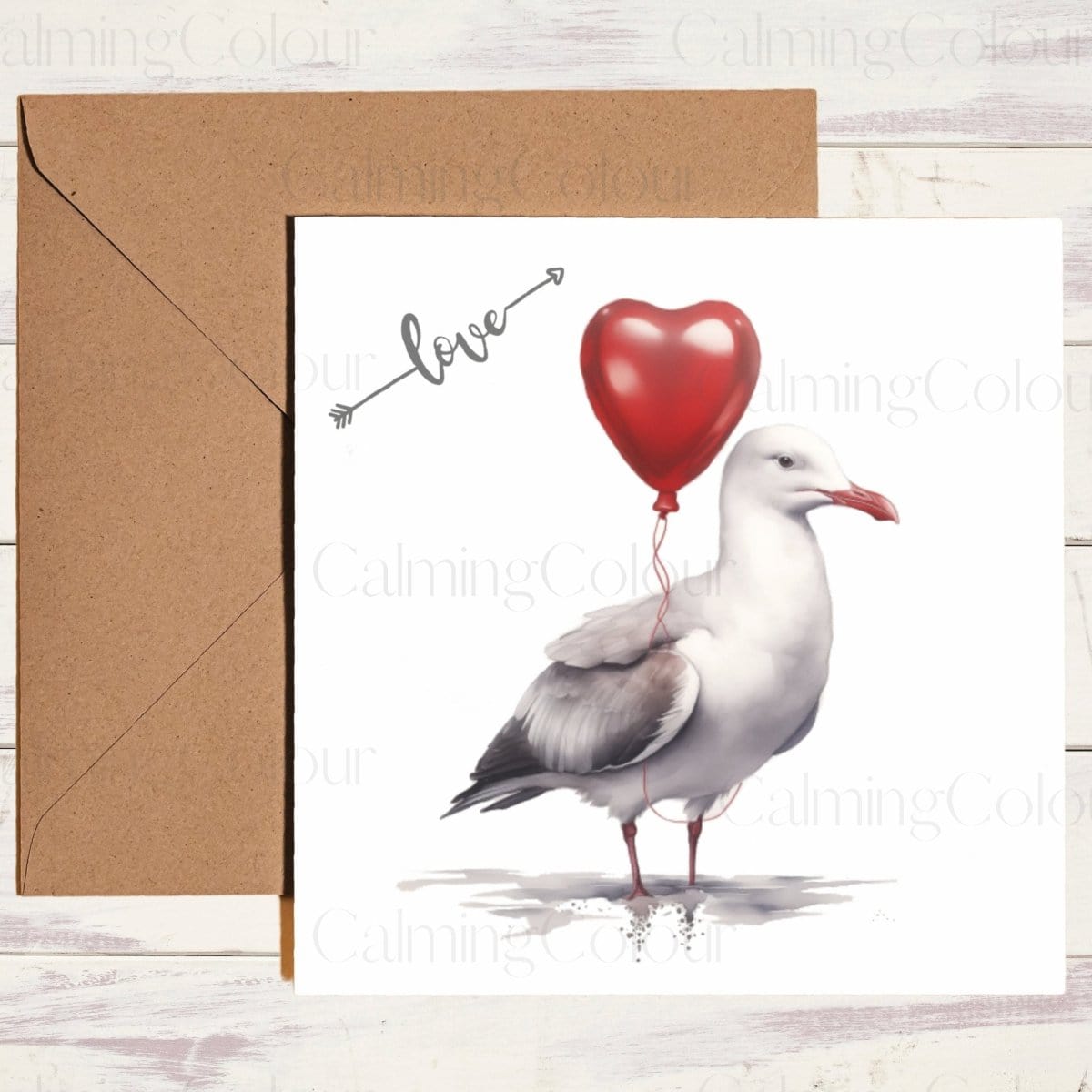 Seagull with Red Balloon | Greeting Card | Single Card | Calming Colour