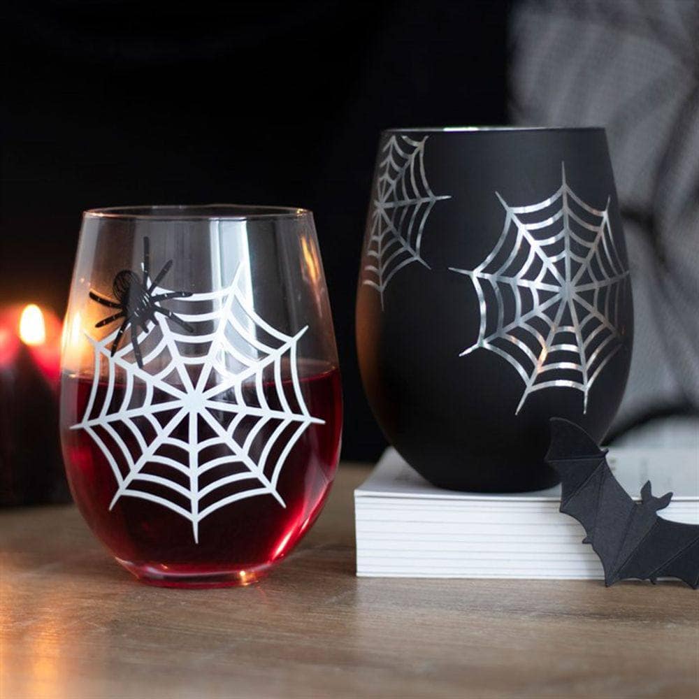 Set of 2 Spider and Web Stemless Wine Glasses | Calming Colour