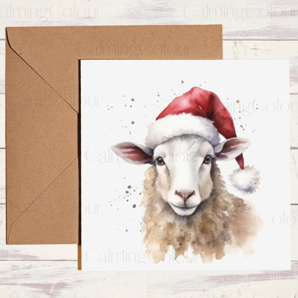 Sheep wearing Red Santa Hat | Christmas Card | Calming Colour