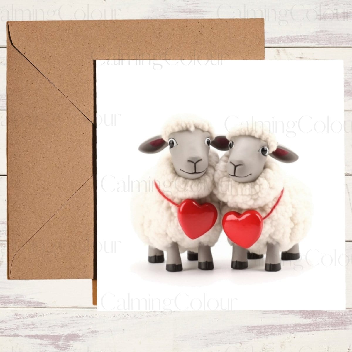 Sheep with Red Heart Collars | Greeting Card | Single Card | Calming Colour