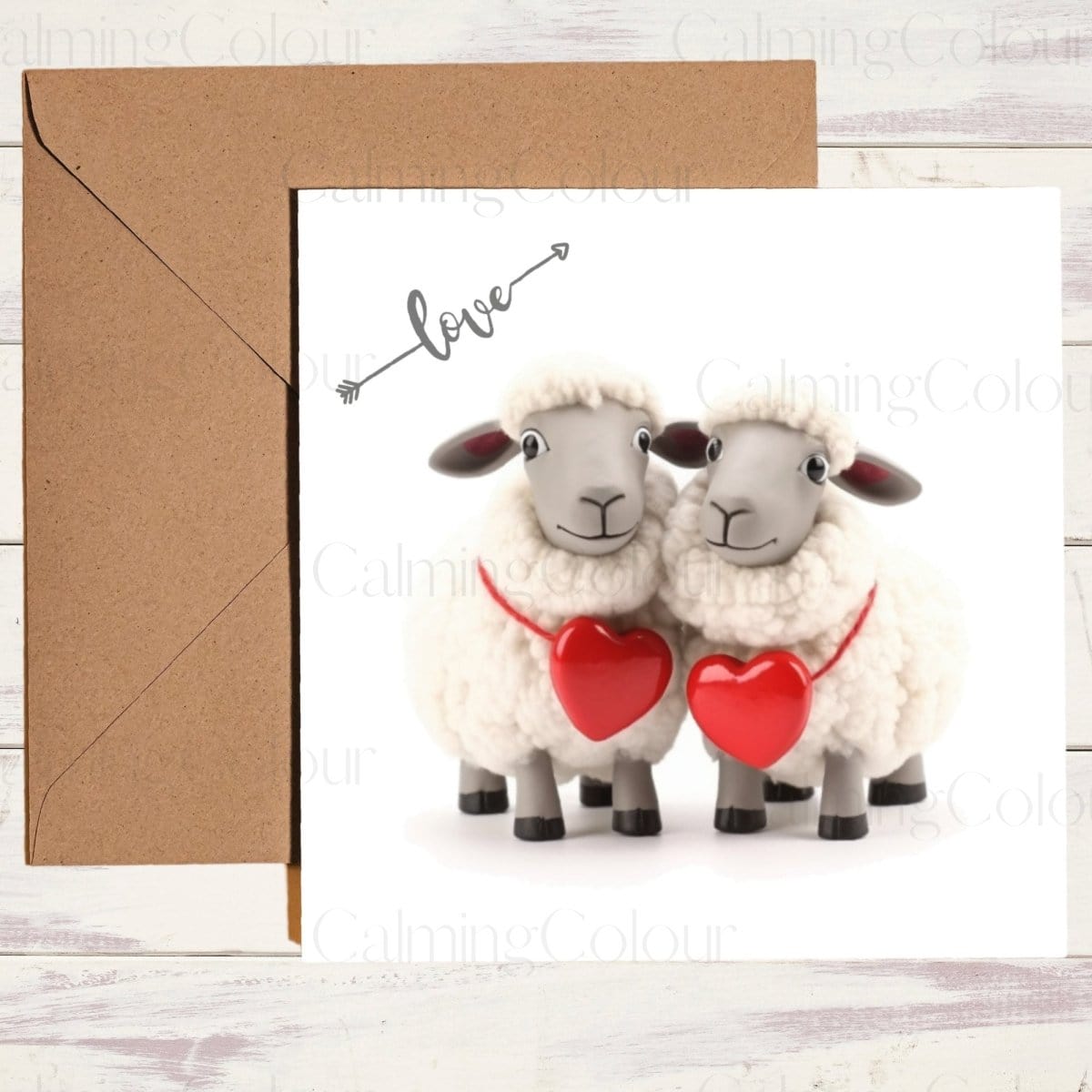 Sheep with Red Heart Collars | Greeting Card | Single Card | Calming Colour