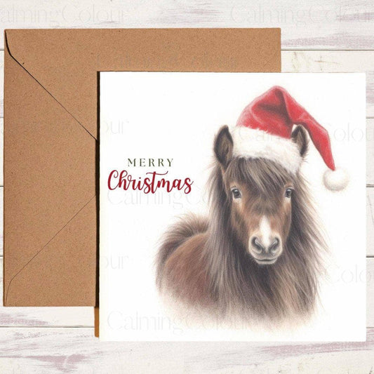 Shetland Pony Rocking a Red Santa Hat | Christmas Card | Christmas Card