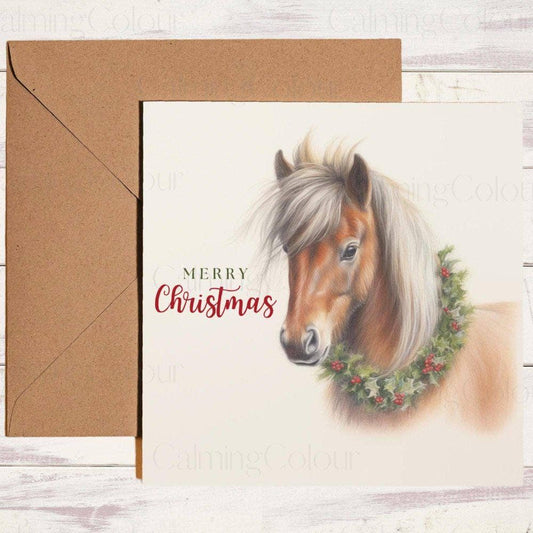 Shetland Pony wearing Christmas Wreath | Christmas Card | Christmas Card