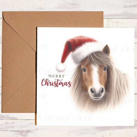 Shetland Pony wearing Red Santa Hat | Christmas Card | Christmas Card