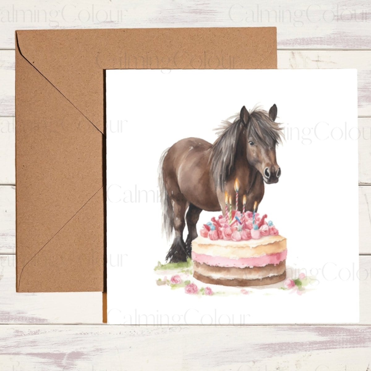 Shetland Pony with Cake | Greeting Card | Calming Colour