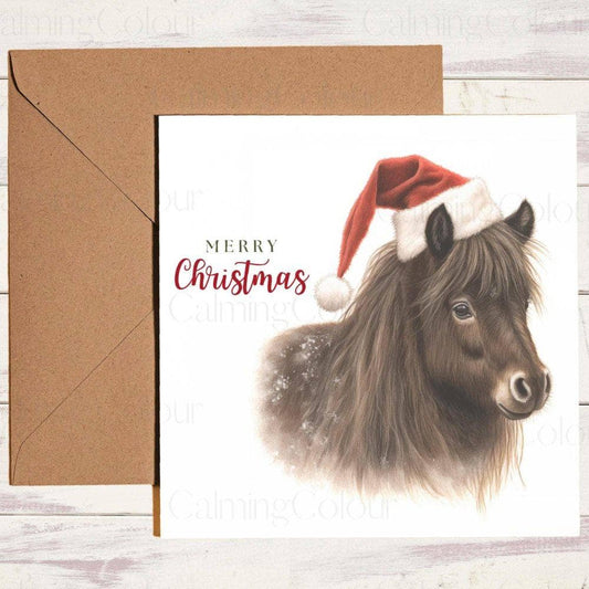 Shetland Pony with Red Santa Hat | Christmas Card | Christmas Card