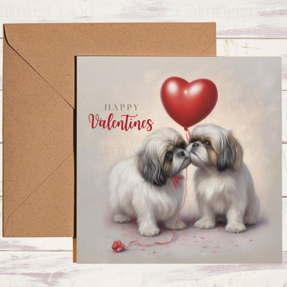 Shih Tzu Couple with Red Balloon | Valentine's Card | With Love | Calming Colour