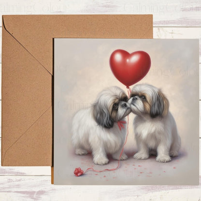 Shih Tzu Couple with Red Balloon | Valentine's Card | With Love | Calming Colour