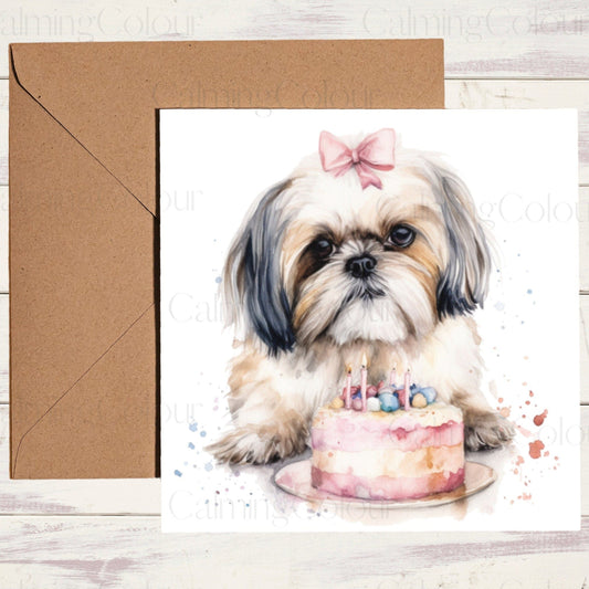 Shih Tzu with Cake | Greeting Card | Birthday Card | Calming Colour