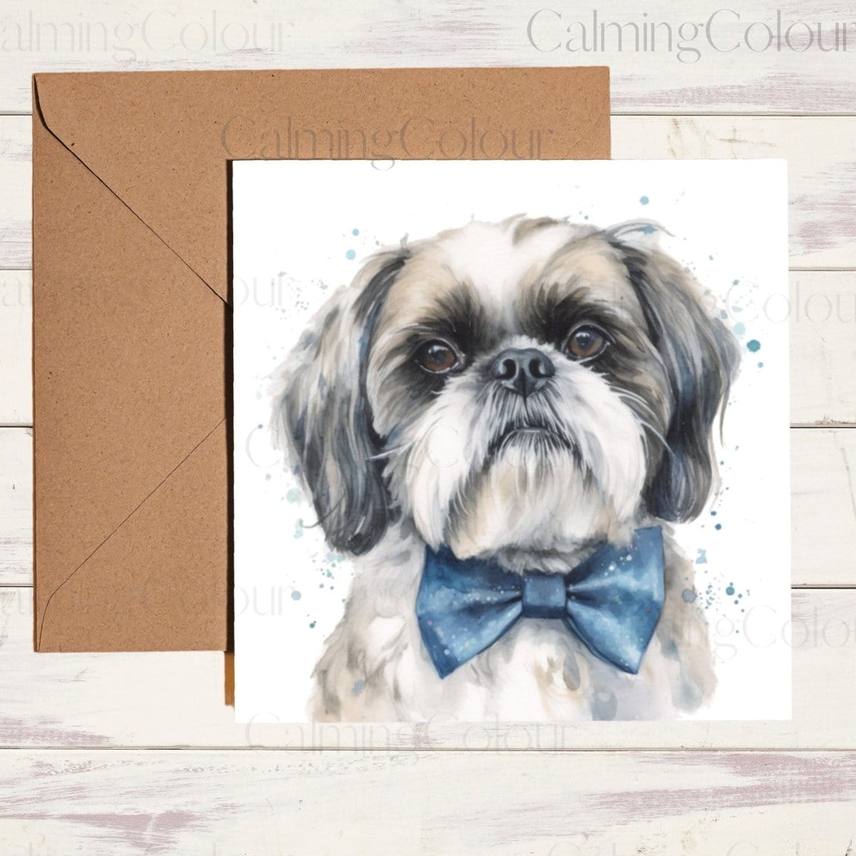 Shih Tzu wearing Blue Bow Tie | Greeting Card | Calming Colour