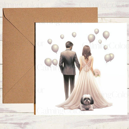 Shih Tzu with Wedding Couple | Wedding Card | Calming Colour