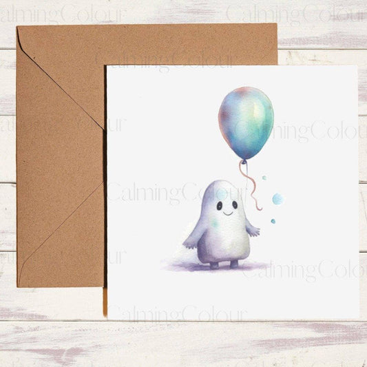 Short Ghost with Balloon | Birthday Card | Halloween | Calming Colour