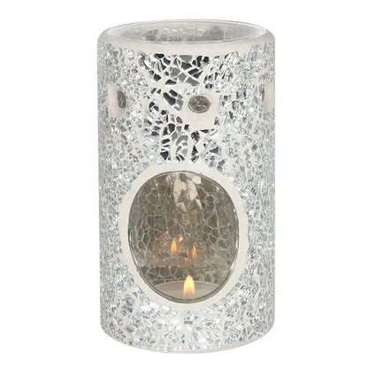 Silver Pillar Crackle Glass Oil Burner | Calming Colour