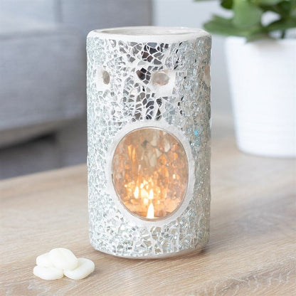 Silver Pillar Crackle Glass Oil Burner | Calming Colour