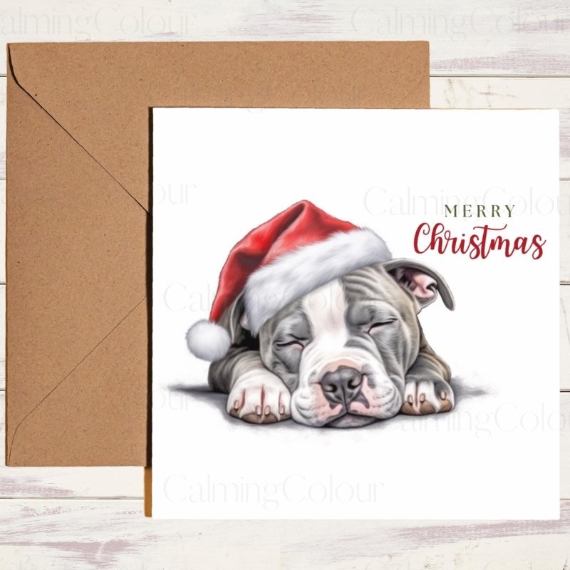 Sleeping American Staffy Santa Hat Christmas Card | Christmas Card